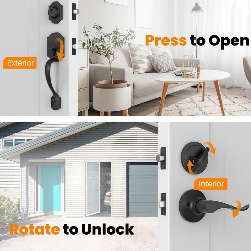 HOSOM Matte Black Front Door Handle with Deadbolt, Door Handle Exterior, Door Lock Set, Door Lever with Single Cylinder Deadbolt Reversible for Right and Left Handed