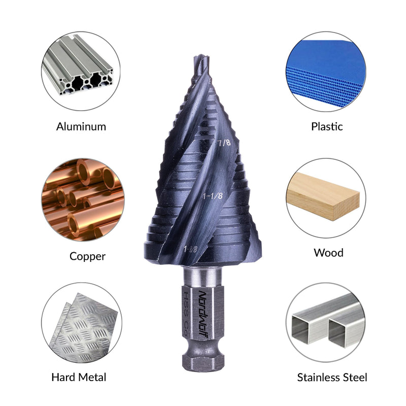 NordWolf HSS Cobalt Step Drill Bit, Four Spiral Flutes Impact Ready with 7/16" Hex Shank Unibit for Stainless Steel, Aluminum, Copper & Hard Metals, 19 SAE Step Sizes 3/16" to 1-3/8"