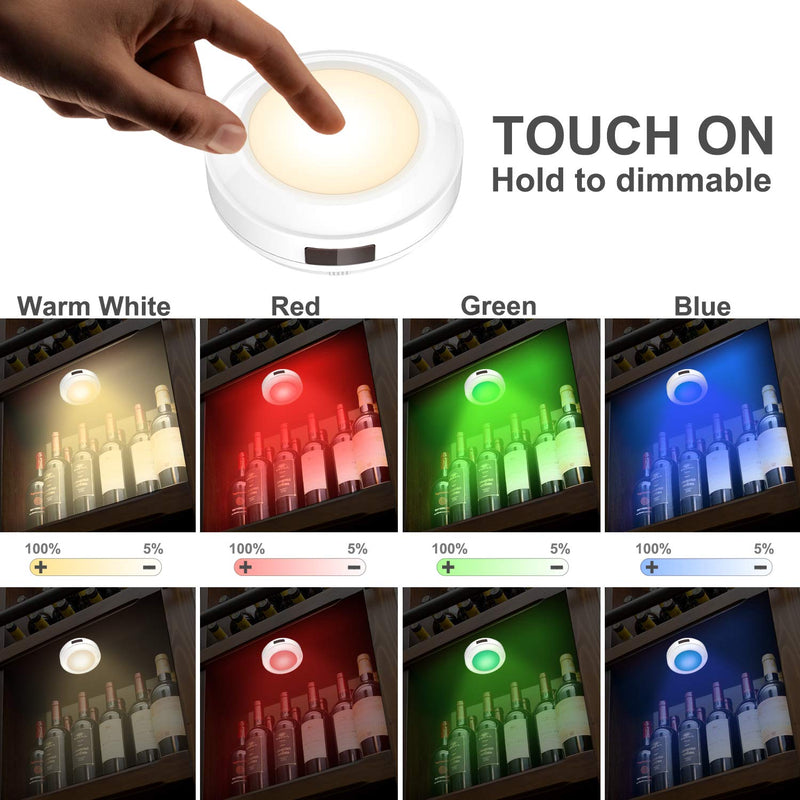HONWELL Push Light Colored Puck Lights Remote Controlled Battery Operated RGB Fairy Lights Wireless Touch Lights Tap Light Dimmable Closet Cabinet Lights, Stick Voice Level Lights Classroom
