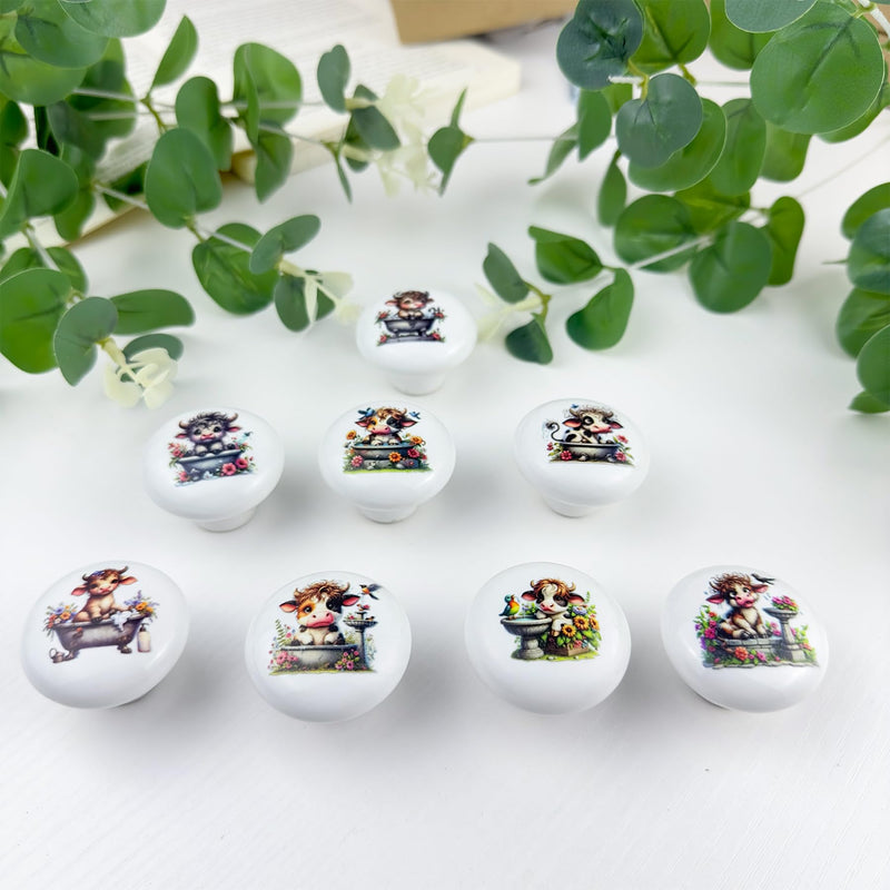 JamJam Set of 8 1.5" Ceramics Cow with Flower Knobs Unique Rustic Farmhouse Kitchen Cabinet Knobs Dresser Drawer Pulls