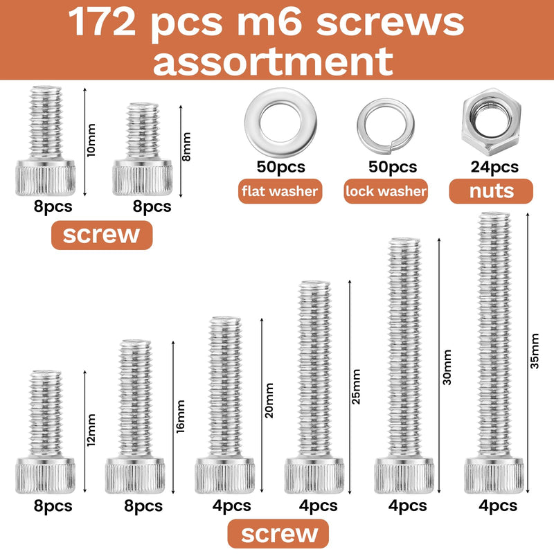172 Pcs M6 Screws Assortment Kit, M6x 8/10/12/16/20/25/30/35mm M6 Bolts Kit, 304 Stainless Steel Hex Socket Head Screws Nuts Bolts and Washers Set F M6x8mm-35mm 172Pcs