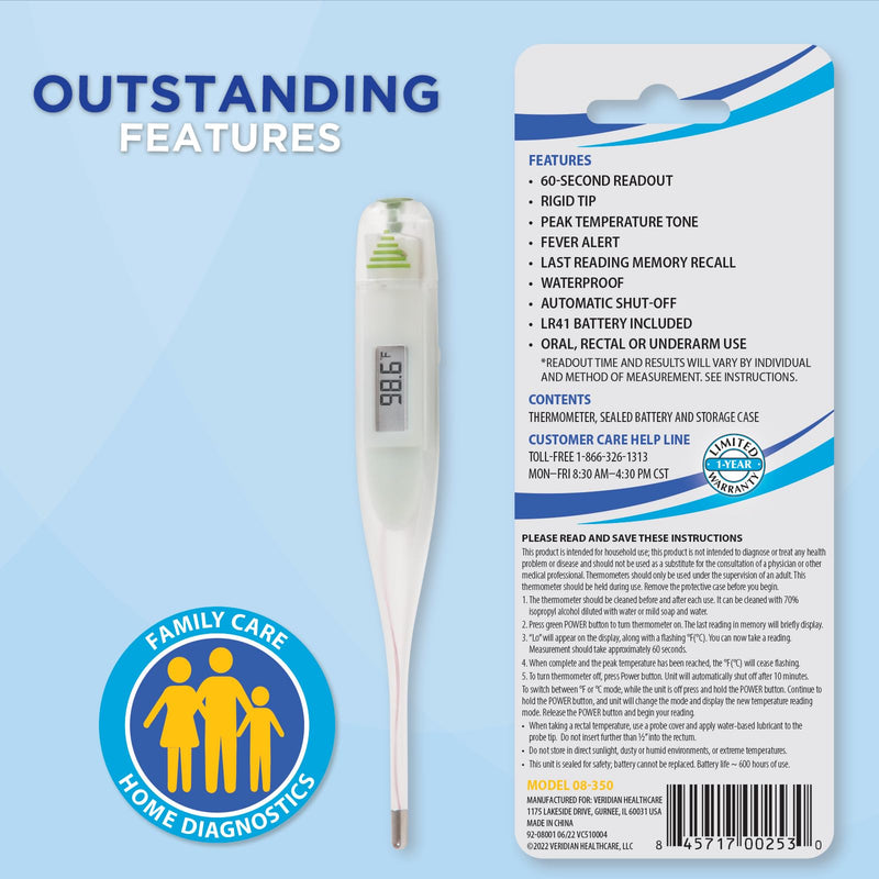 Digital Thermometer | 60-Second Readout | Fahrenheit Measurements | Rigid Tip | Fever Alert | One-Year Warranty 1 Count (Pack of 1)