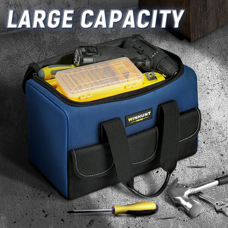 Small Tool Bag, Waterproof Tool Bag Organizer 1680D Tool Bags for Men Heavy Duty, with Multi-Pockets for Electricians, Blue 12 inch