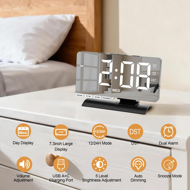 SZELAM Digital Clock,Alarm Clock Bedside,7.3'' Large LED Mirror with Date Display,Dual Alarm with 3 Mode,Brightnee Adjust,DST,Snooze Function,USB C Charging Port,5 Levels Volume for Desk Bedroom Teens Black