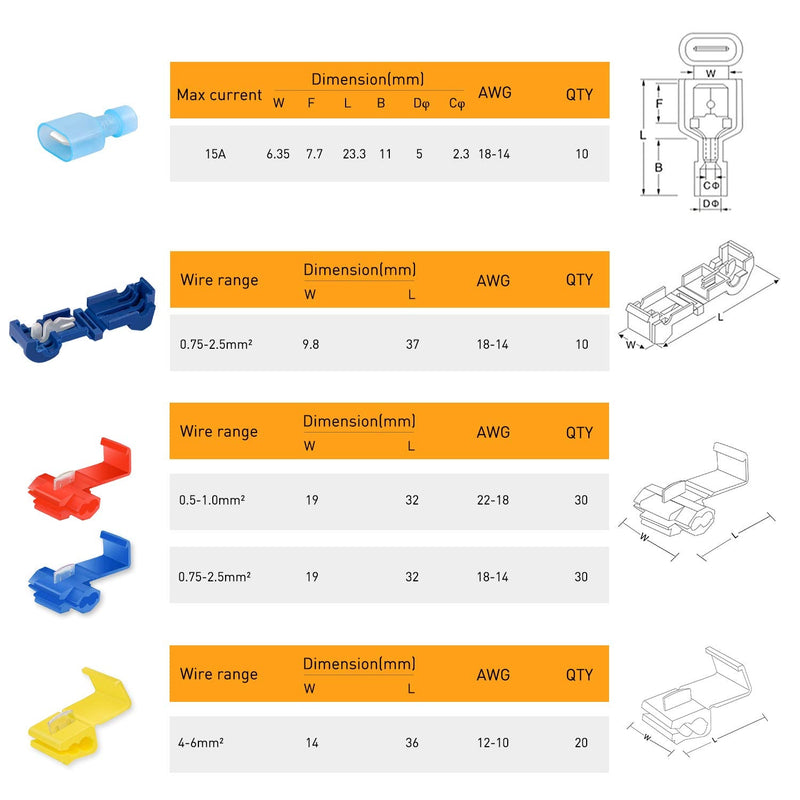 Nilight 100PCS Quick Splice Solderless Wire and T-Tap Electrical Connectors 22-18 18-14 12-10 AWG T Tap Insulated Terminal Assortment Kit 100Pcs Snap Wire Connector