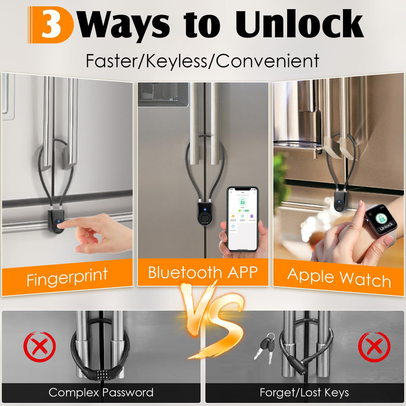Fingerprint Fridge Lock,Child Proof Refrigerator Lock for Kids & Adults,Smart Cable Lock APP Control Waterproof Cabinet Lock for Fridge French Door Cabinet Gate Fence Black
