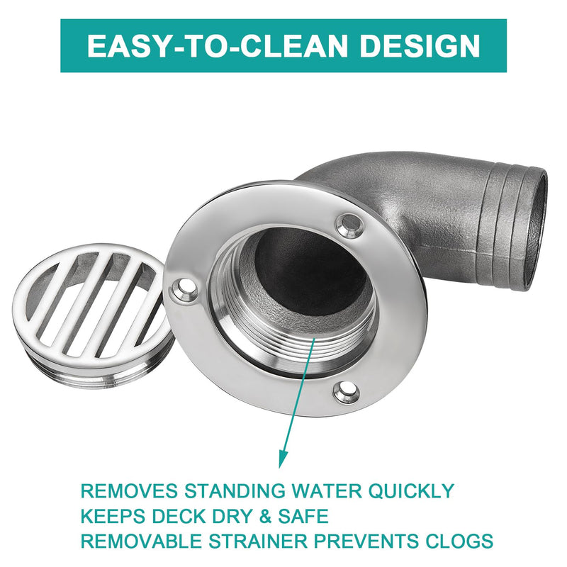 Boat Deck Floor Drain, 90-Degree Boat Deck Drain with Elbow Outlet, Flush-Mount, Heavy-Duty 316 Stainless Steel, with Screws 1-1/2 inch