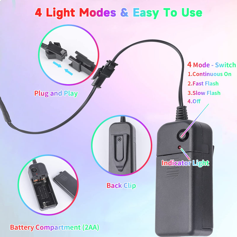 EL Wire-5 in 1 Meter Portable Neon Rope Lights Strip-Wearable Battery Pack Body Lights-360°Illumination-Super Bright-Cuttable-DIY Halloween Christmas Festival Party Game Room Cosplay Costume(Ice Blue Ice Blue 5in1