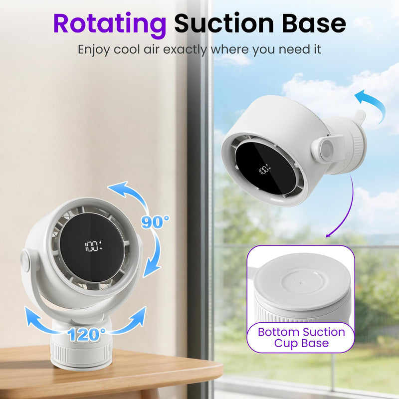 Desk Fan - 120° Oscillating Portable Table Fan, Rechargeable Wall Mount Air Circulator with Twist-Lock Suction Cup for Kitchen, Bathroom, Office and Travel, White
