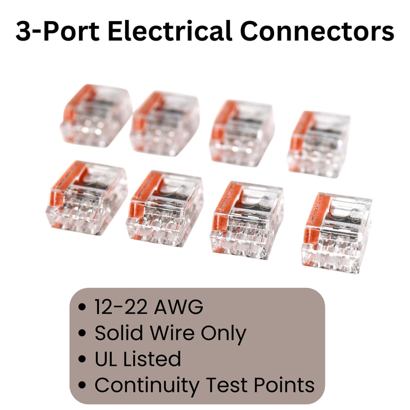 Quick Push-in Electrical Wire Connectors, 22-12 AWG Gauge Solid, 3-Port, 50-Pack for Junction Wiring Outlet Boxes