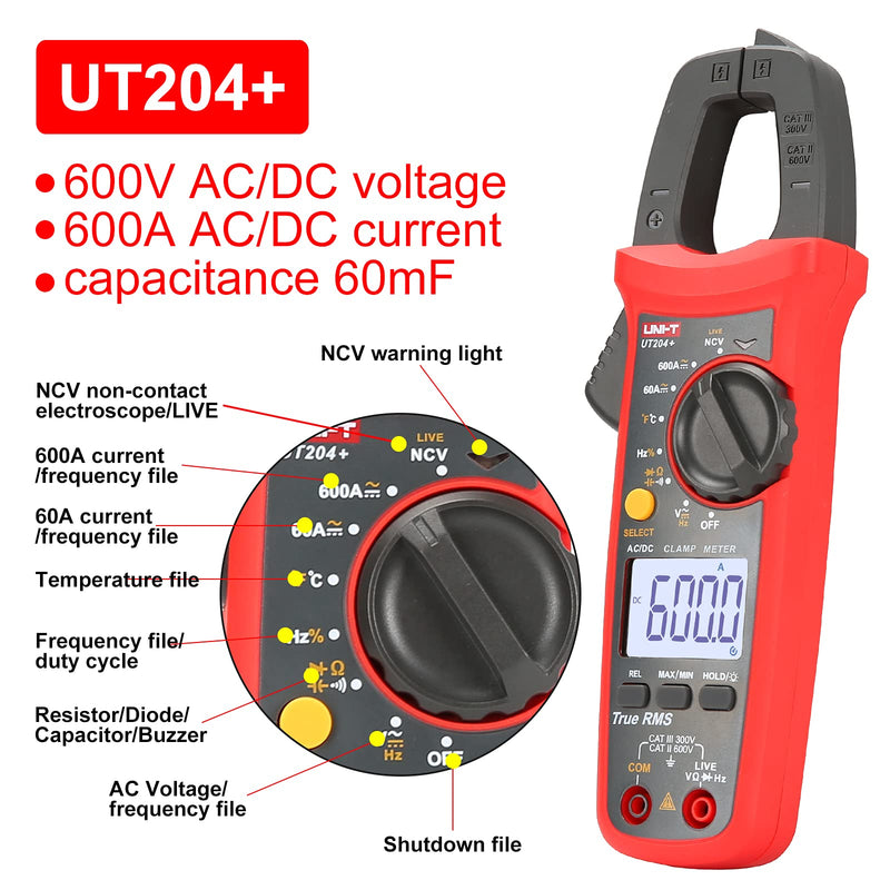 UNI-T UT204+ Digital Clamp Meter Temperature AC DC Current Voltage Resistance Tester multimeter UT204+