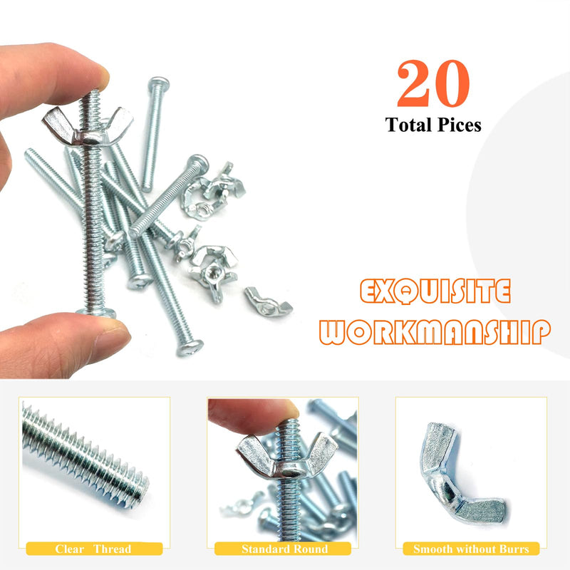 20Pack 1/4"-20 x2-1/2 Screw Bolts and Wing Nut Kit 10pcs Machine Screws with Round Head Phillips 10pcs Butterfly Hand Twist Tighten Nut Zinc Plated Hardware Fitting Fastenings Assortment Kit 20 Pack 1/4"-20 x2-1/2"