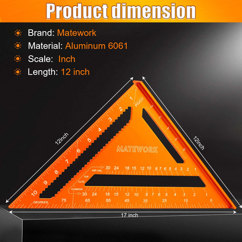 Carpenter Square 12 Inch, Rafter Square for Angle Drawing Measuring Ruler, Framing Square Tool Aluminum for Woodworking, Carpentry Orange