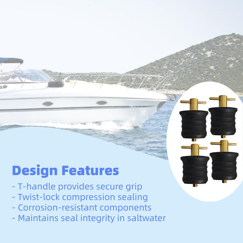 4 Pcs 1.25 Inch Boat Drain Plugs with T Handle, Twist-Turn Seal Design, Sturdy Rubber Plugs for 1-1/4 Inch Drains Locks (Brass)