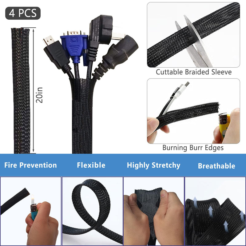 ELII 327 PCS Cable Management Kit 4 Cable Cable Sleeves,65 Cable Clips with 13Cord Holders,25 Roll Cable Organizer Straps,200 Fastening Cable Ties,20 Cable Zip Tie Mounts for Computer (Black) Black