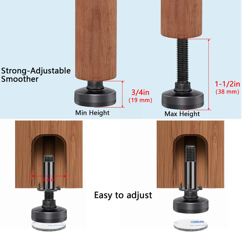 Heavy Duty Furniture Leveling Feet M10 Thread Furniture Levelers Adjustable Furniture Feet w/ T-nut Kit Table Levelers for Cabinet Workbench Chair Sofa and More,Large Base Supports 1320LBs-4 Packs 4 Packs Black