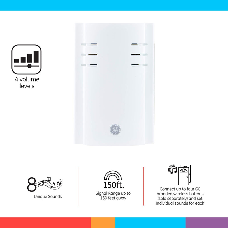 GE Wireless Doorbell Kit, Plug-In Receiver, 2 Push Buttons Door Bell, 8 Melodies Doorbell Chime, 4 Volume Levels, Classroom Doorbell, 150 Ft Range, White, 19300 8 Melody | 2 Push Buttons