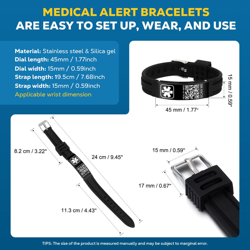 Medical Bracelets for Men Women with QR Code Medical Alert ID Bracelets for Sport Travel - Silicone Waterproof Wristband Fits Wrists Up to 8 inches - More Space Custom Emergency Medical ID Alert Information 9.45'' Folding Buckle - Black+Black