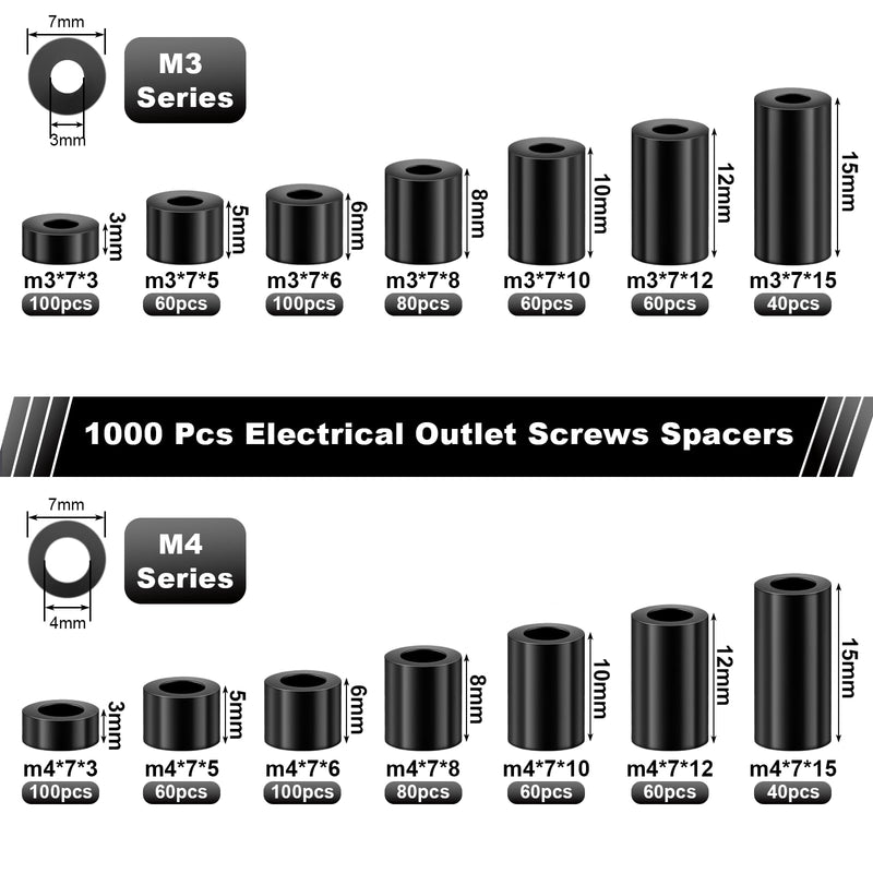 1000 Pcs Electrical Outlet Screws Spacers, Black Nylon Round Spacer for M3 M4 Screws, Plastic Spacers Without Threaded,Round Spacer Assortment Kit for Electrical Outlet Screws Receptacle and Switch.