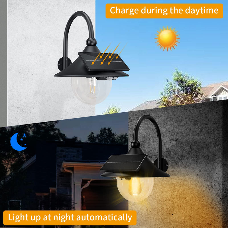 Auzev Solar Lantern Lights Outdoor Retro Solar Barn Light with 3 Lighting Modes & Motion Sensor, Wall Mount Waterproof Outside for Farmhouse, Patio, Garden, Shed and Courtyard (Black-1Pack) Black-1Pack