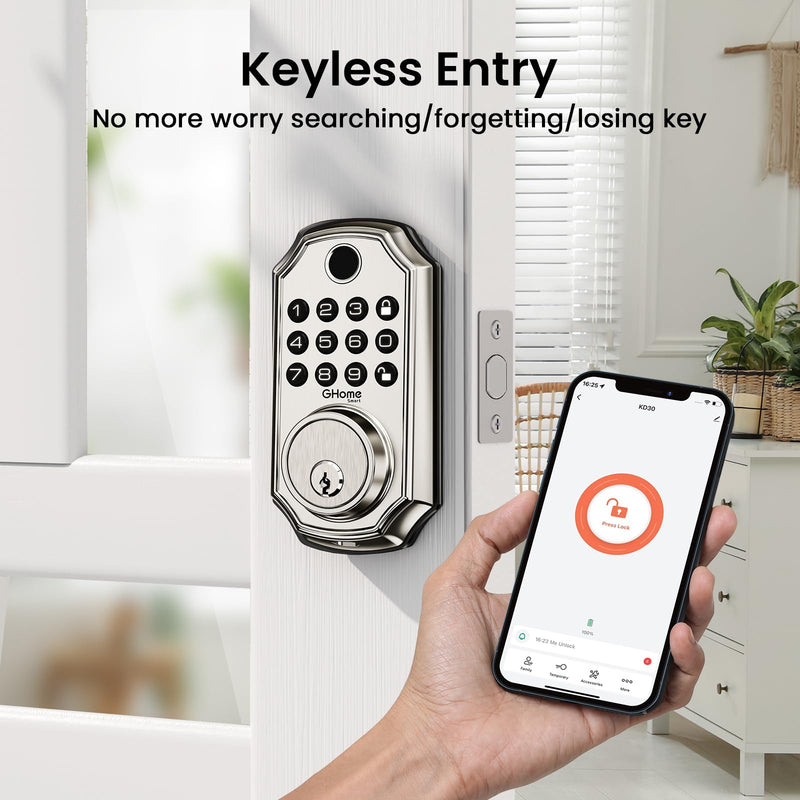 GHome Smart Door Lock KD30, Fingerprint Smart Deadbolt for Front Door, 5 in 1 Keyless Entry Door Lock, App Control, Auto Lock, 0.3s Unlock, Easy Install, for Home/Apartment/Office Smart Deadbolt Lock-Silver
