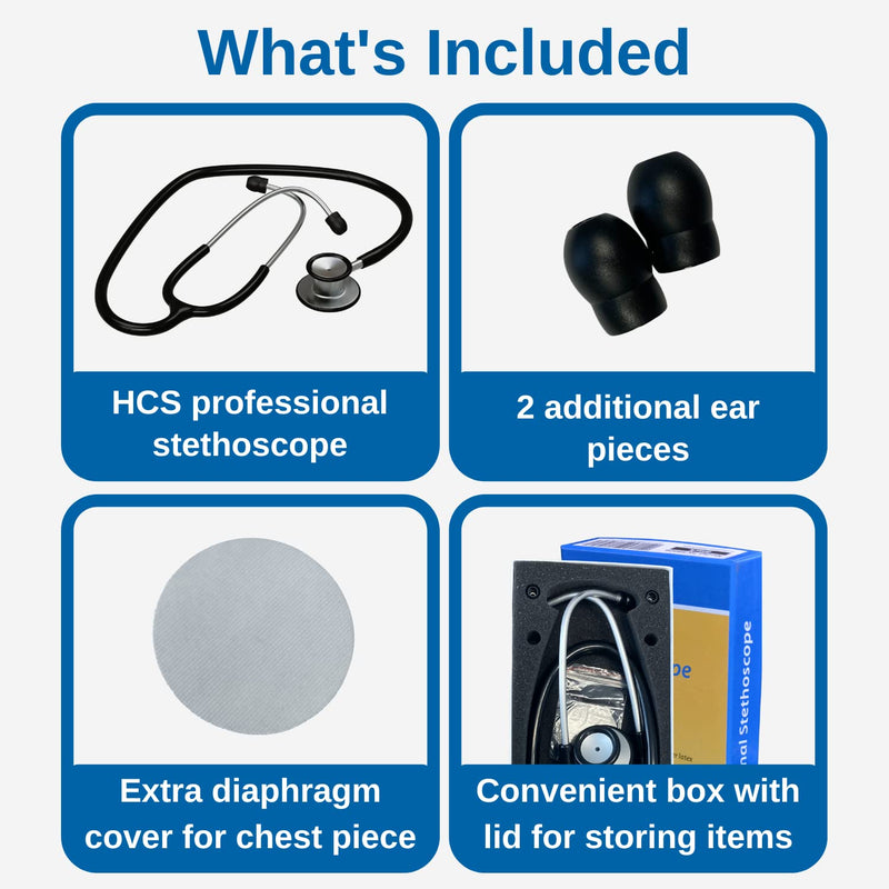 HCS Stethoscope, Classic Lightweight - Medical Grade, Dual Head Stethoscopes for Nurses, Students, Home - 22 inch Tubing (Black) Black