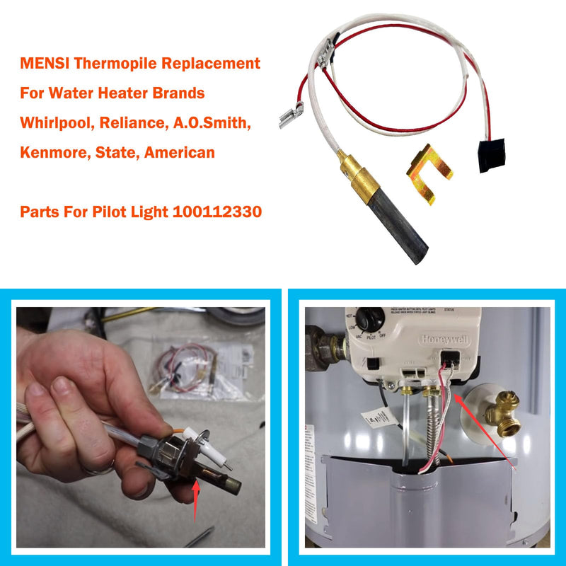 MENSI Minivolt Thermopile Replacement Parts for Reliance Whirlpool,A.O.Smith, Kenmore Brand Gas Water Heater Boilers Replace Model 100112330 9007876 9007877, Repalce 300 301 Series (1) 1