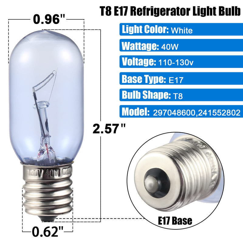 297048600 241552802 Refrigerator Light Bulb Replacement for Frigidaire Whirlpool KitchenAid Electrolx Kenmore Fridge Light Bulbs Freezer Light Bulb Replacement-T8 E17 40W (2 Pack) 2 Pack