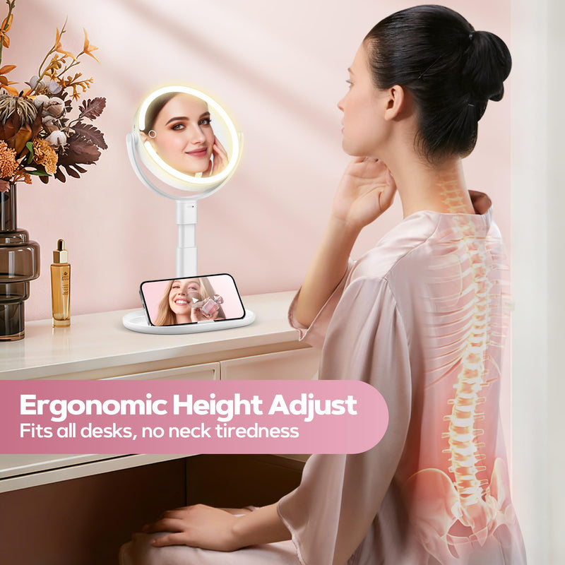 Makeup Mirror with Lights, 30X Magnifying & Height Adjustable, Lighted Magnifying Mirror with 3 Light Modes and Stepless Dimming, Vanity Mirrors for Bathroom, Birthday Gift for Women, White Withe