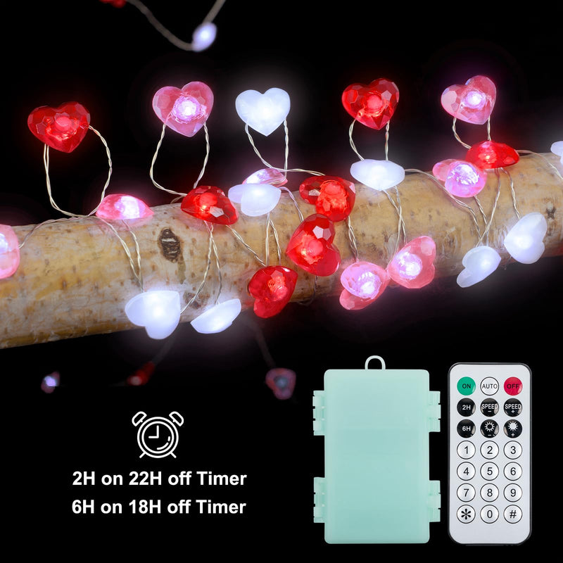 KAiSnova Valentine’s Day Fairy String Lights 10ft 40LEDs Red Pink White Heart Shaped Twinkle Fairy Lights Battery Operated with Remote for Indoor Bedroom Wedding Party Mother Day Decor Red, Pink, White