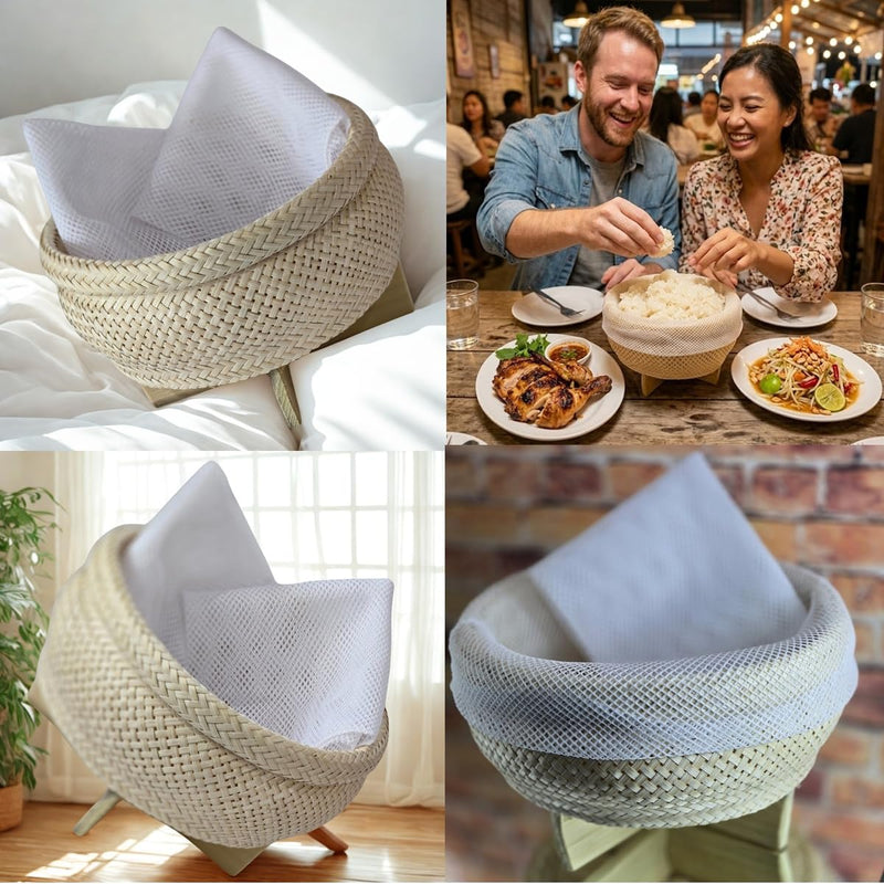 Thai Bamboo Sticky Rice Steaming Basket with Cloth – 7” Wide Traditional Isan Style Cooking Tool – Handmade Natural Bamboo Rice Steamer.
