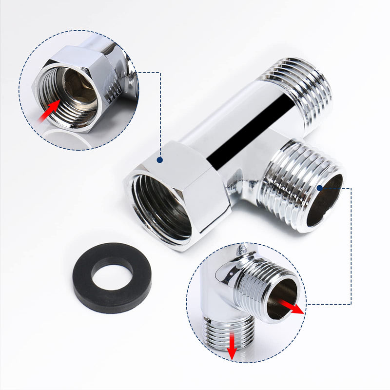 NearMoon Solid Brass G1/2" 3 Way Diverter Valve - Hose Fitting Tee, T Shape Adapter Connector for Angle Valve Hose, Bath Shower Arm, and Toilet Bidet Sprayer Faucet (Chrome Finish) Chrome Finish