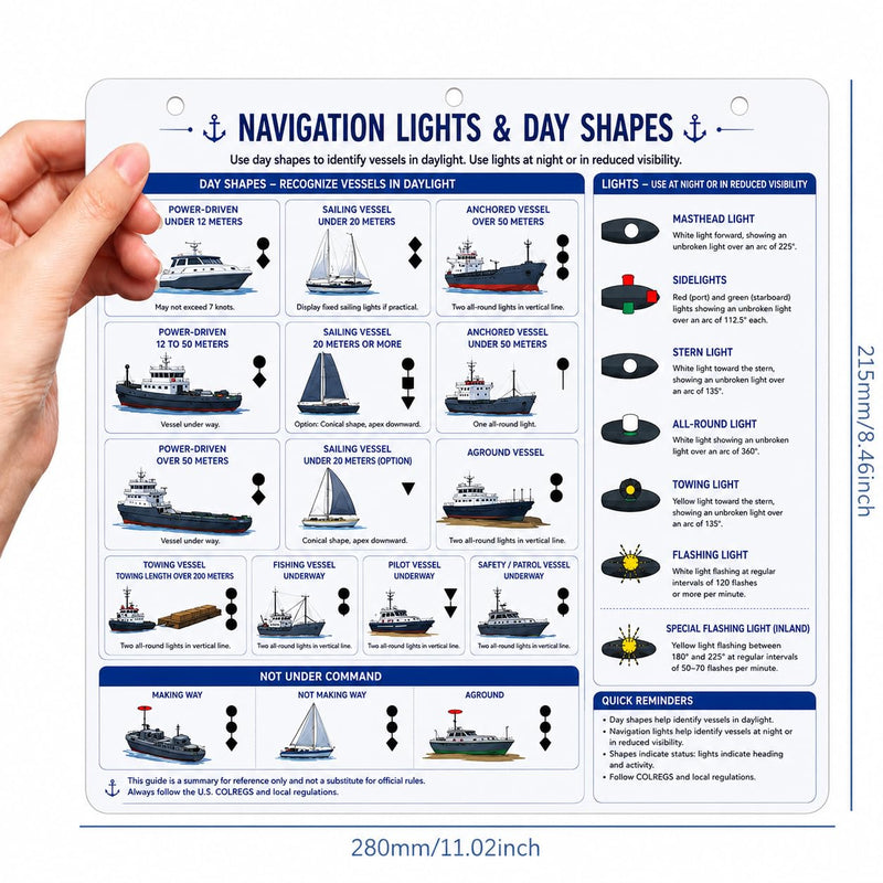 Nighttime Navigation Reference Quick Card for Boat Cockpit or Pilot House,Waterproof Visual Navigation Guide for Lights, Shapes, and Coast Guard Rules 11.02" x 8.46"