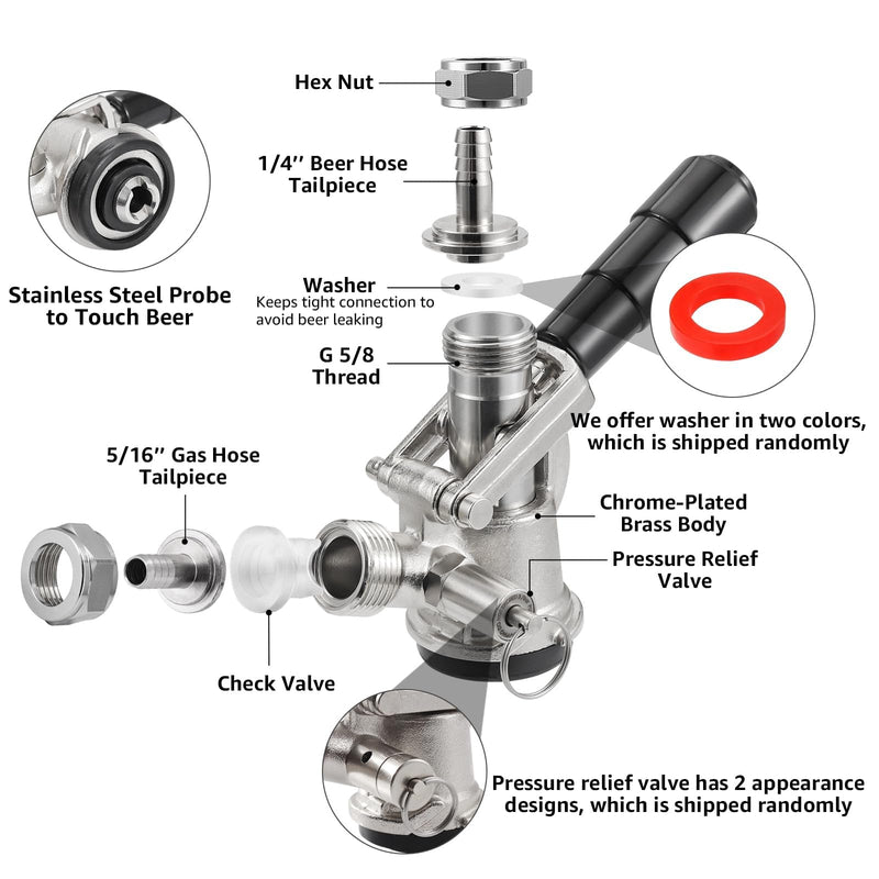 Keg Coupler, Sankey D System Keg Tap 304 Stainless Steel Probe, Beer Coupler Kegerator Parts D Coupler Beer Tap Dispenser for I.D 5/16'' Beer Line Gas Tubing with Hose Clamp