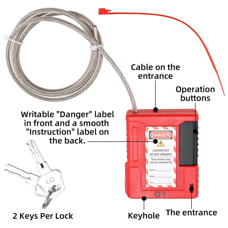 Lockout Tagout Cable Lock, Integrated Cable and Padlock Design with 2 Keys, 5/32" x 3.3ft Adjustable Steel Cable Lock with Vinyl Coating, Loto Cable for Lock Out Tag Out (Pack of 2)