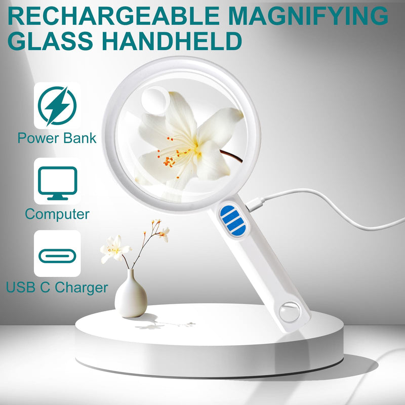 Large Magnifying Glass with Light 5.12" Rechargeable Magnifier with 5 Color Modes & 20 Level Brightness, 10X 20X 45X Handheld Magnifying Glass for Seniors Reading Coin Inspection