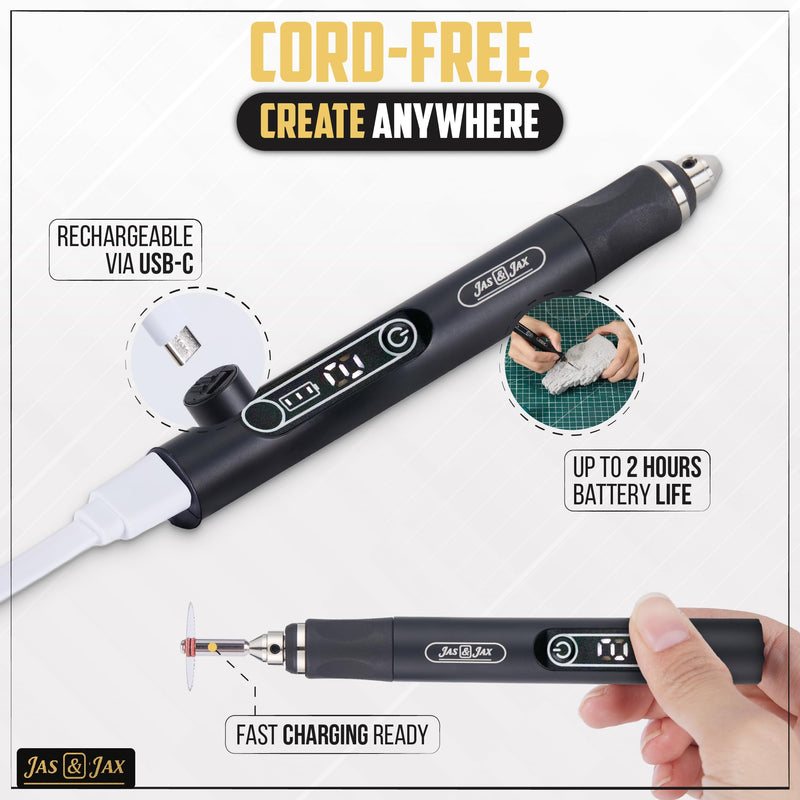 Jas & Jax Matte Black Engraving Pen - USB Rechargeable Mini Electric Engraver, Cordless Rotary Tool for Wood, Metal, Glass, Jewelry, Stone, Leather & Plastic Etching (54 Accessories)