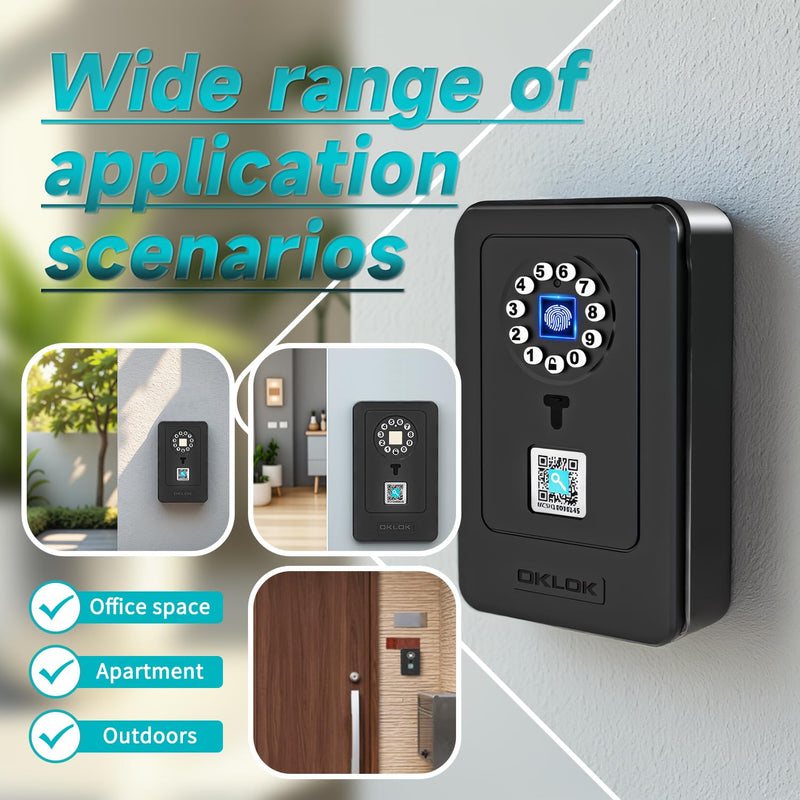 SFW New Smart Lock Boxes, Fingerprint Key Box Bluetooth Key Box with App Control & Passcode, Waterproof Wall Mounted & Door Hanging Security Lock Box (Fingerprint Unlock) Fingerprint Unlock