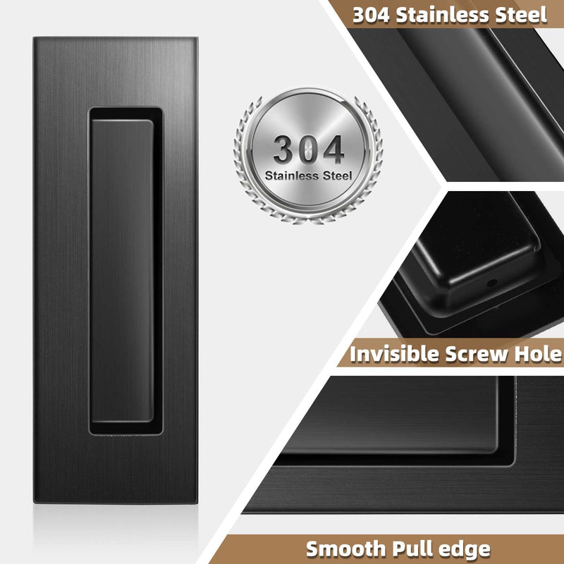 6-Inch Pocket Door Hardware Set - Complete 304 Stainless Steel Kit with Pop-Out Ring Pocket Door Handle, Edge Pull,Door Thickness Minimum 1 7/14 inches Black