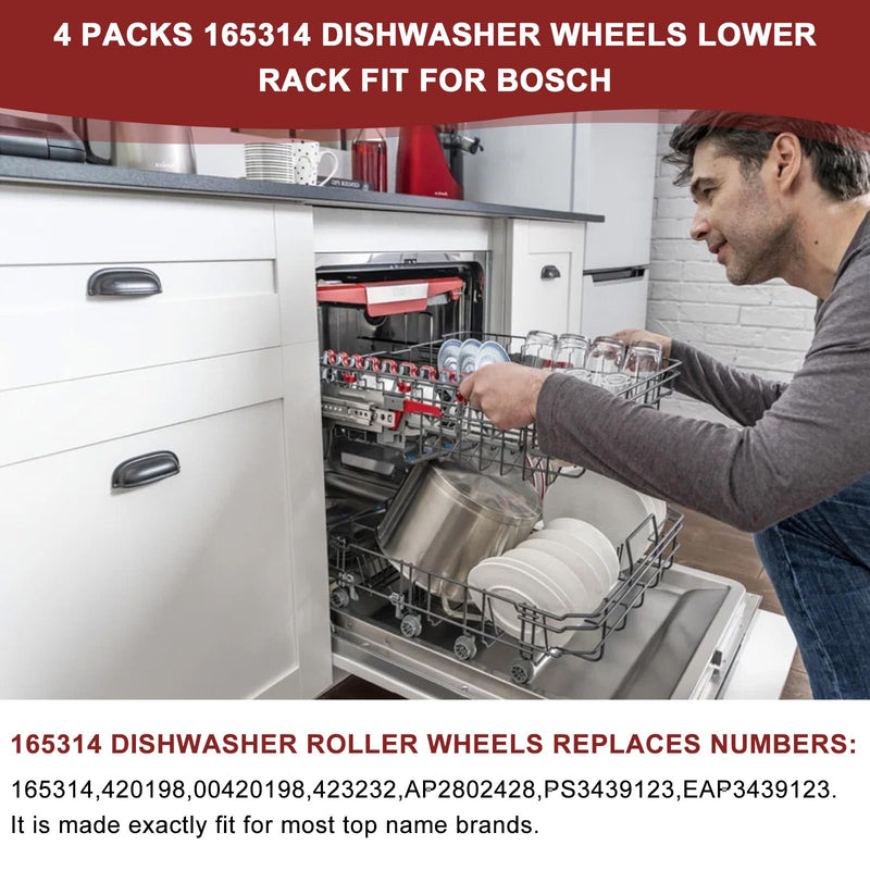 8 Packs 165314 Dishwasher Wheels Lower Rack Fit for Bosch,Dishwasher Wheels Replaces Dish Rack Part Number 420198 AP2802428 PS3439123 by AMI PARTS 8PACK