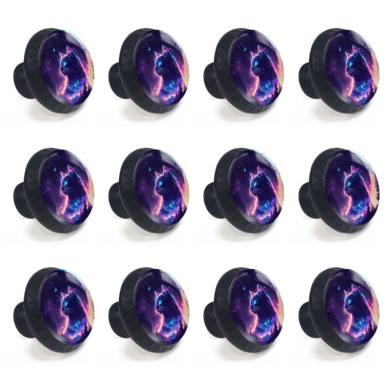 12 Pack Purple Cat Cabinet Knobs for Kitchen Bathroom | Fantasy Moon Night Drawer Pulls Round Black Dresser Handles Hardware for Desk Cupboard Wardrobe Closet Vanity Door Decor 12PCS - 1.37"L x 1.1"W Fantasy Purple Starry Sky Cat