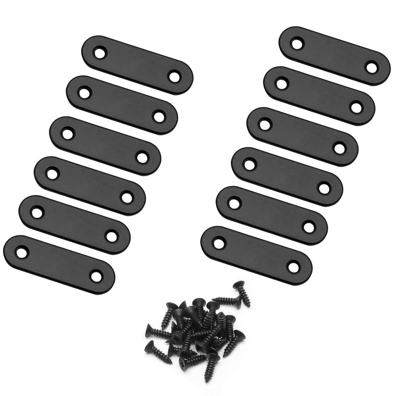 12 Pcs Straight Brace, Flat Brace 2” x 0.6”, Stainless Steel Straight Bracket, Mending Joining Plates for Wood, Board, Bed Frame, Furniture & Shelves, Matte Black Black, 2” x 0.6”, 12 pcs
