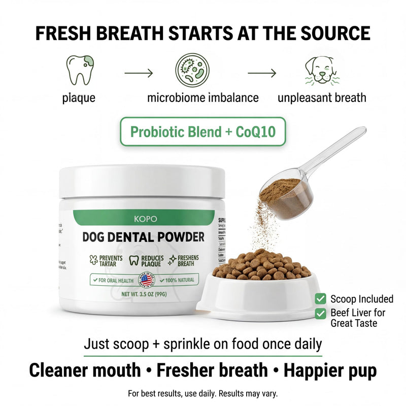 KOPO Dog Dental Powder | Dog Oral Care Supplement | Supports Fresh Breath & Gum Health | Helps Reduce Plaque & Tartar Buildup | Beef Liver Flavor | All Breeds & Sizes
