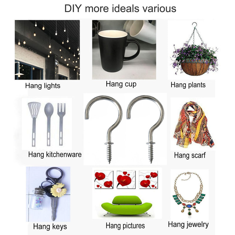 Screw Hooks Stainless Steel Screw-in Light Hooks 1-1/2" Screw Cup Hook Ceiling Hooks 36 Pcs