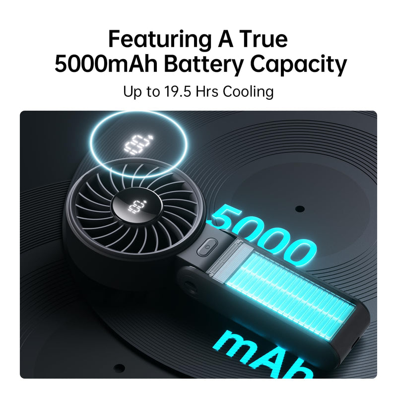 JISULIFE Handheld Fan Life7 – Ultimate Flexibility: High-Power Motor, LED Display, 19.5 Hrs Cooling, 5000mAh Rechargeable, 5-Speed, Foldable Design, 3-IN-1 Portable Fan for Travel Cruise Beach(Black) Black