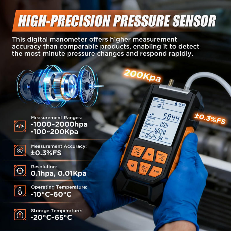 Manometer, Dual Port Digital Manometer -100~200kPa, 10 Units, 7 Adapters, HVAC Gas Pressure Tester with Backlight LCD Display, Data Hold/Record, Flashlight