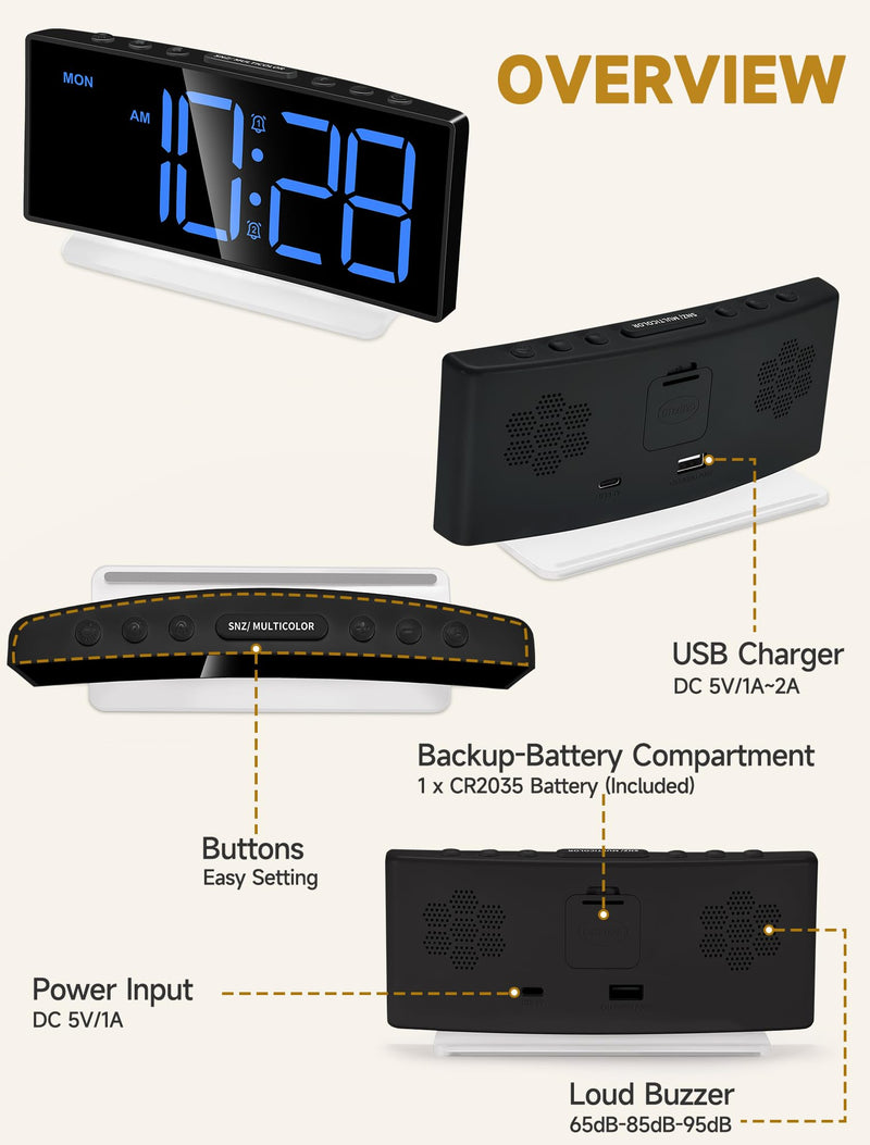Cadmos Extra Loud Alarm Clock for Heavy Sleepers Adults,Teens,Kids,Rainbow Clock for Bedrooms,Small Bedside Digital Clock with Large Display,7 Color Night Light,12/24h(Black+Dynamic) Black+dynamic
