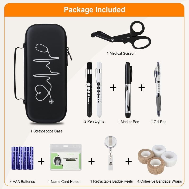 BOVKE 15 Pcs Stethoscope Case Sets Medical Supplies Include Stethoscope Case, Medical Scissors, 2 Penlights with Batteries, Bandage Wraps, Name Card Holder for Nursing School Tool Kits, Black PU_Black