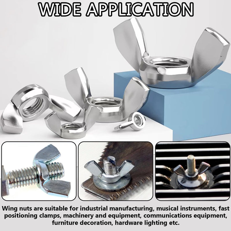 100PCS Metric Sizes Wing Nuts Assortment Kit, 304 Stainless Steel M3, M4, M5, M6, M8, M10, Parts Butterfly Wing Nut, Wingnuts Fasteners M3 -M10 (100PCS)