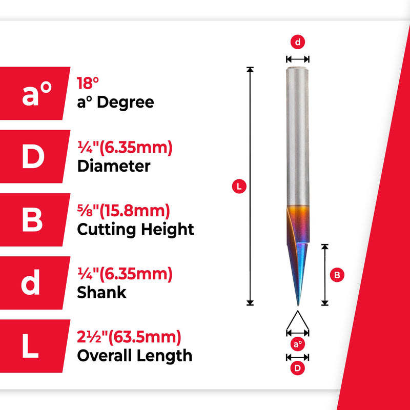 Amana Tool Spektra Extreme Tool Life Coated Solid Carbide Carving Liner Router Bit, 45783-K, 18 Degree x 1/4 D x 5/8 CH x 1/4 Shank x 2-1/2 Inch Long Single Flute